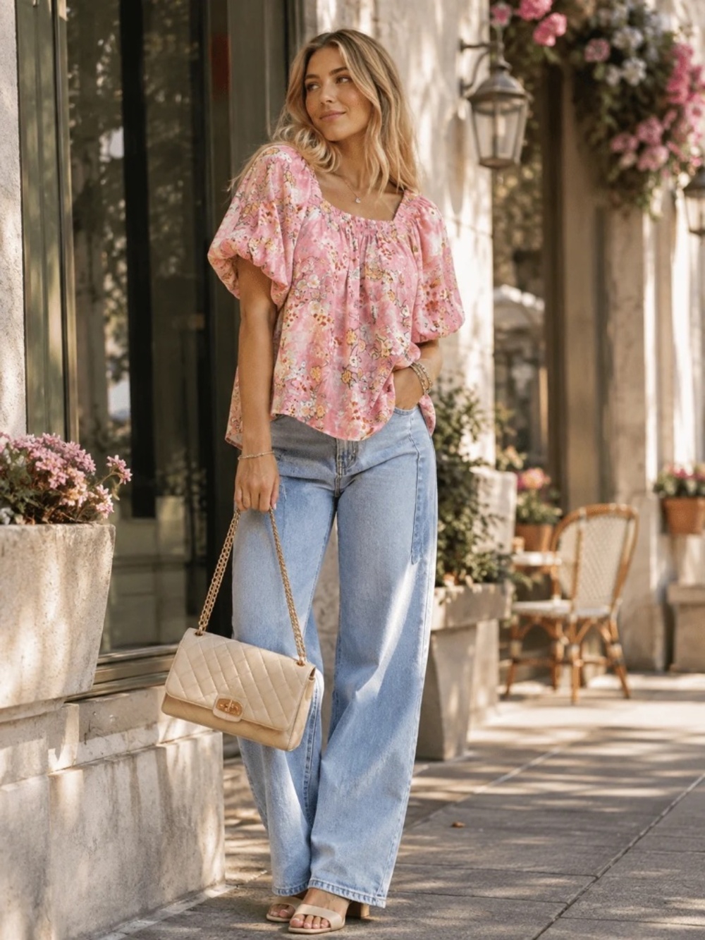 "Entro" Women's Short Puff Sleeve Square Neck Smock Floral Blouse Pink Or Green